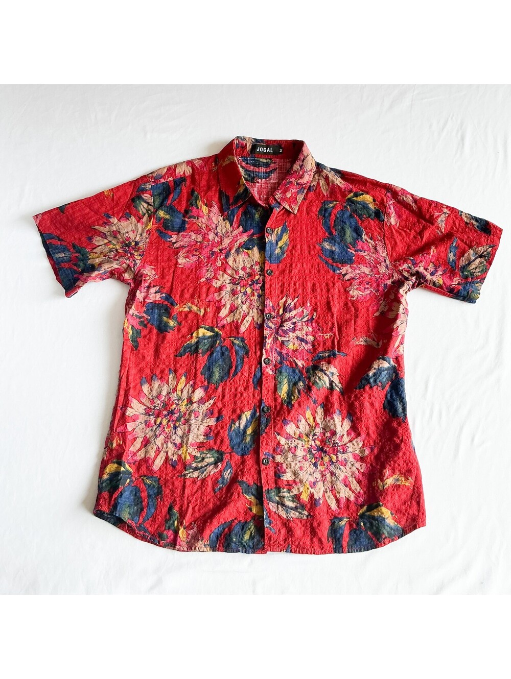 JOGAL Men’s Red Floral Short Sleeve Button Up Shirt Cotton Viscose Size M